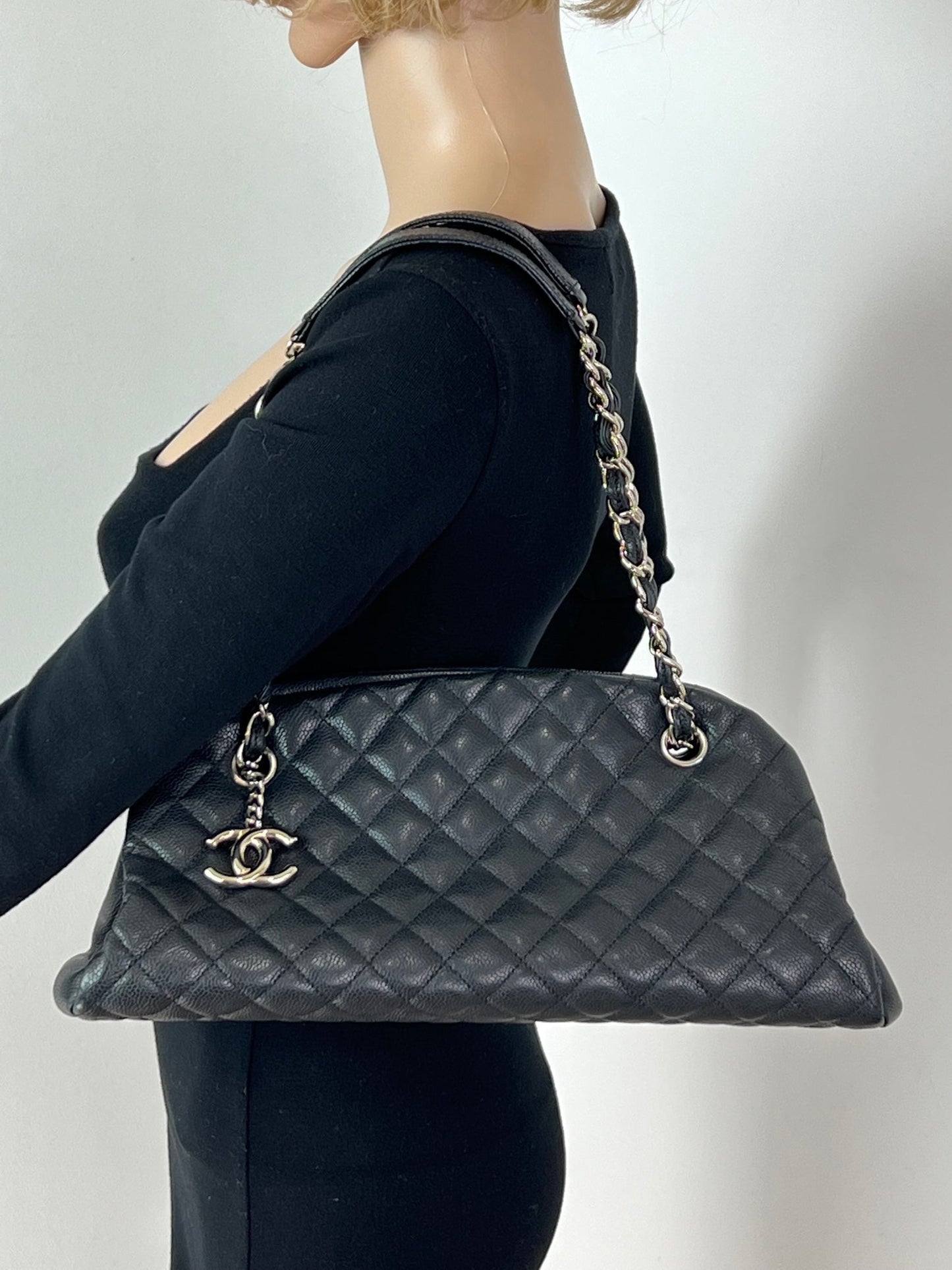 CHANEL Just Mademoiselle Quilted Caviar Black Bowling Shoulder Bag