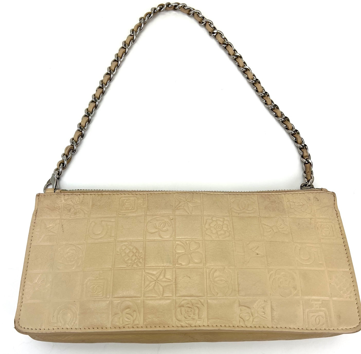 CHANEL Bag Lucky Symbols Pochette Quilted Beige Lambskin Shoulder Wristlet Preowned