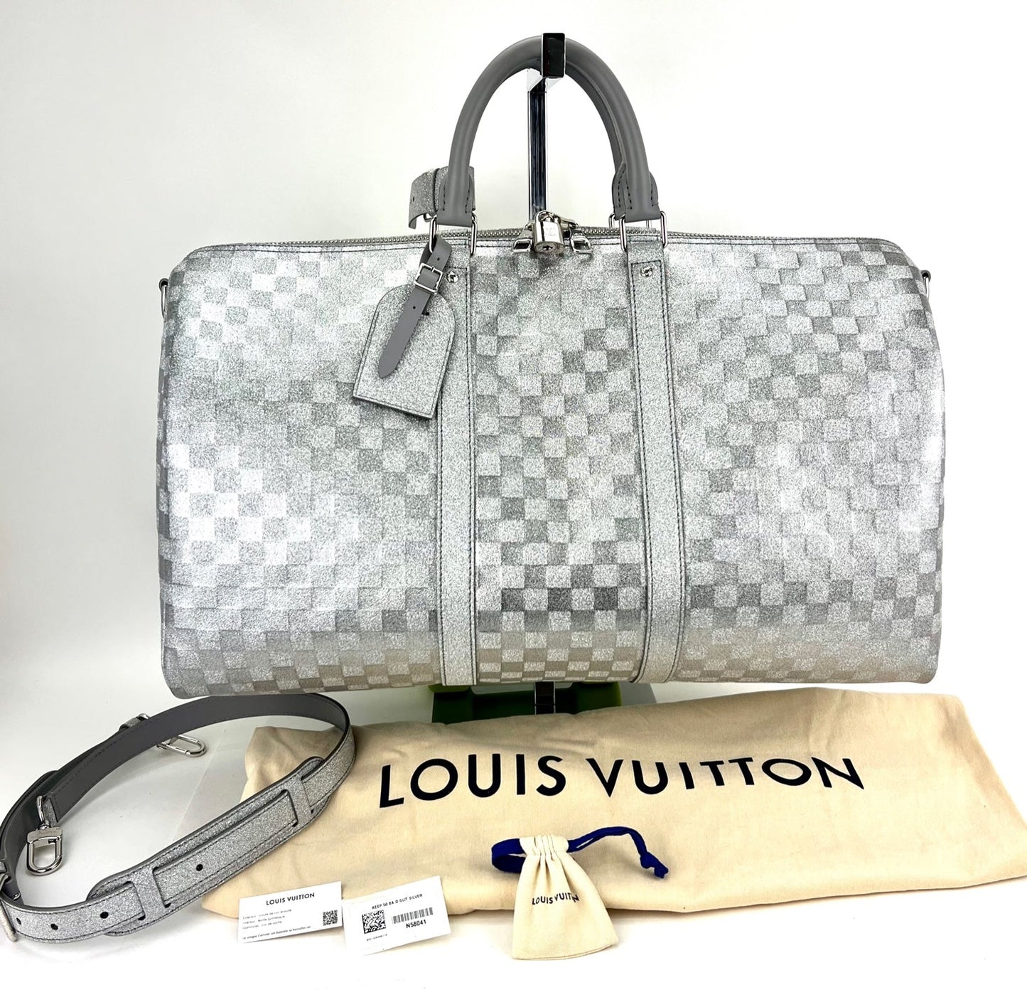 Louis Vuitton Keepall Bandoulière 50B Silver Glitter Damier Pattern Duffle Bag Preowned