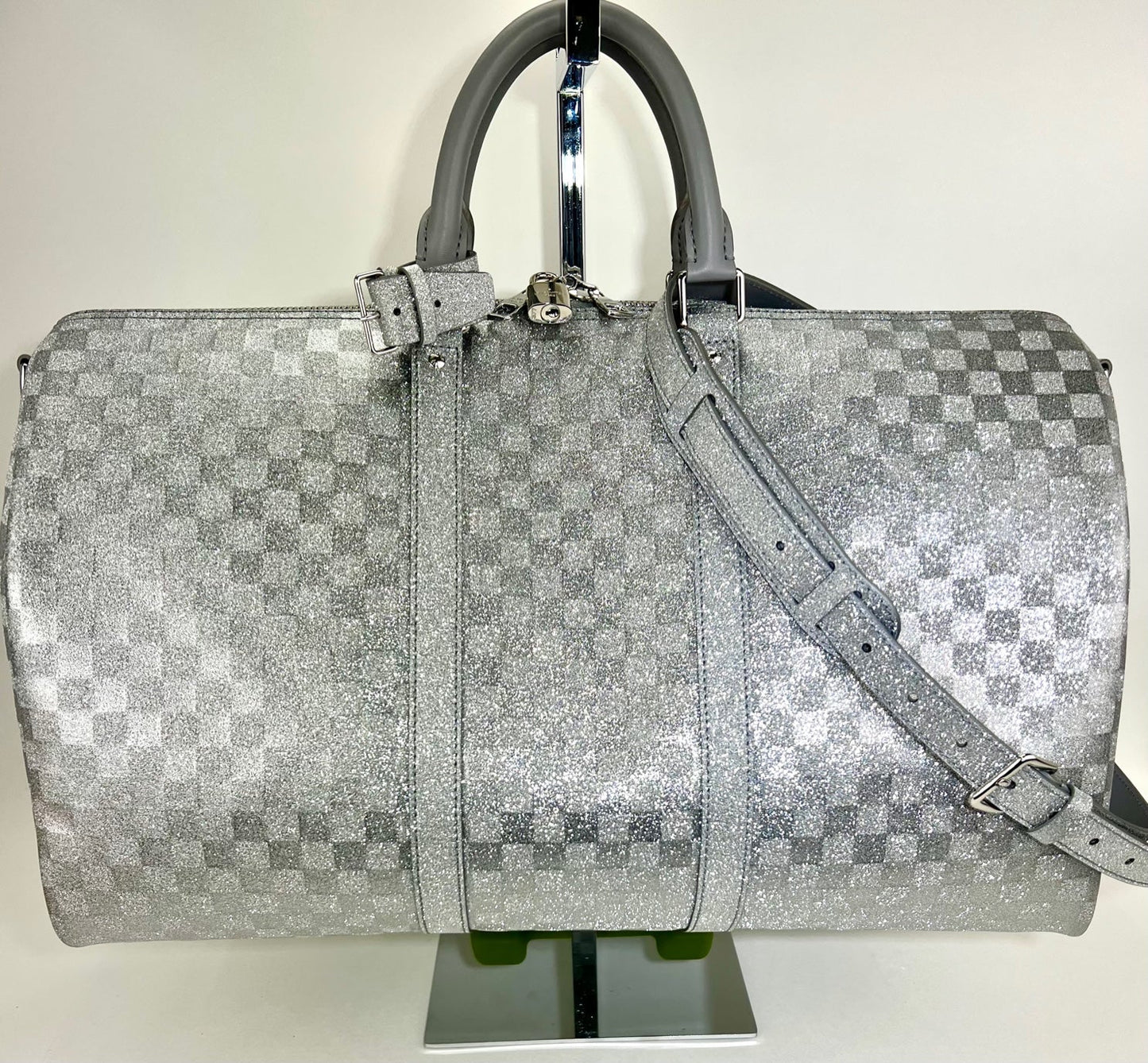 Louis Vuitton Keepall Bandoulière 50B Silver Glitter Damier Pattern Duffle Bag Preowned