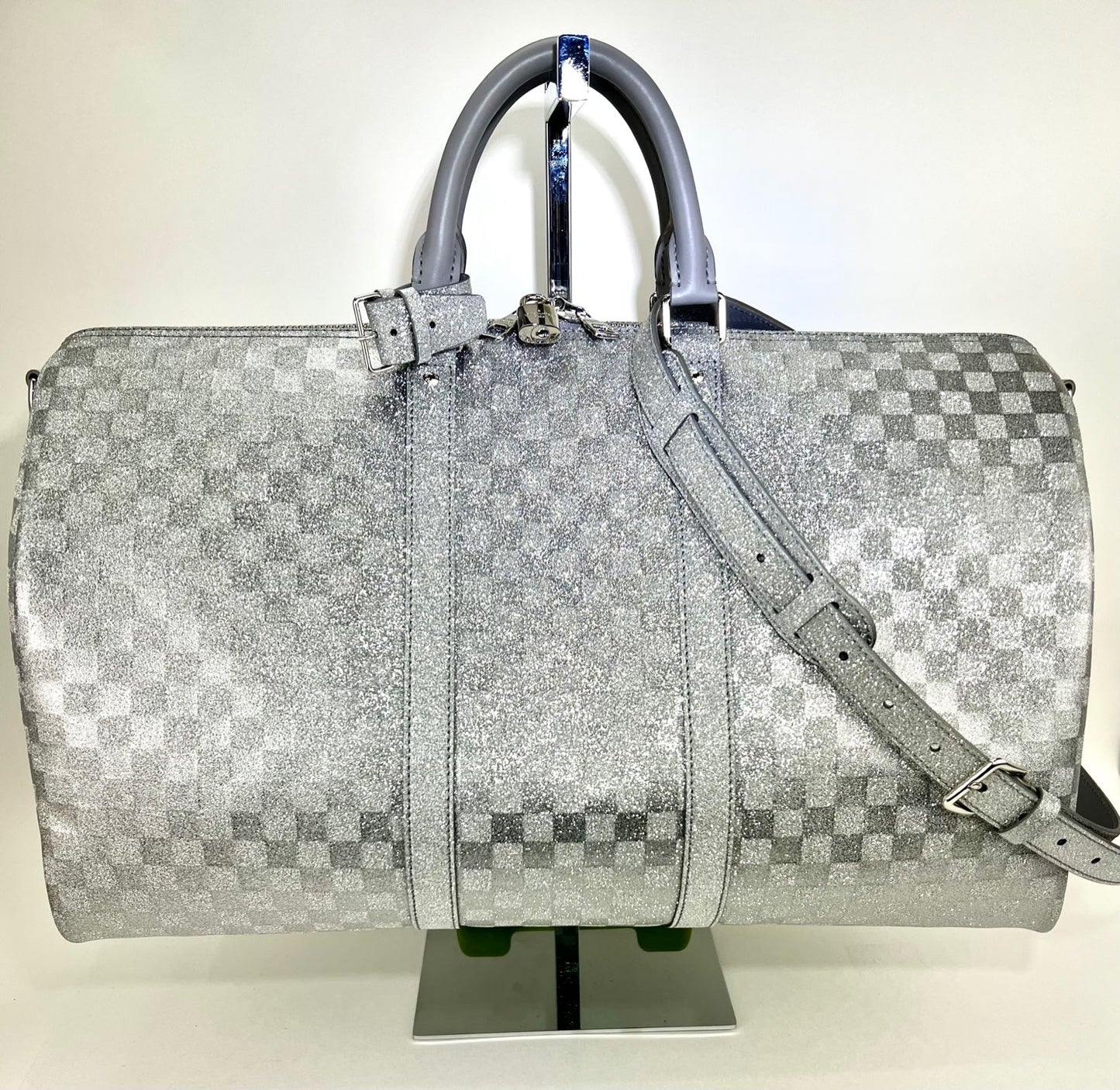 Louis Vuitton Keepall Bandoulière 50B Silver Glitter Damier Pattern Duffle Bag Preowned