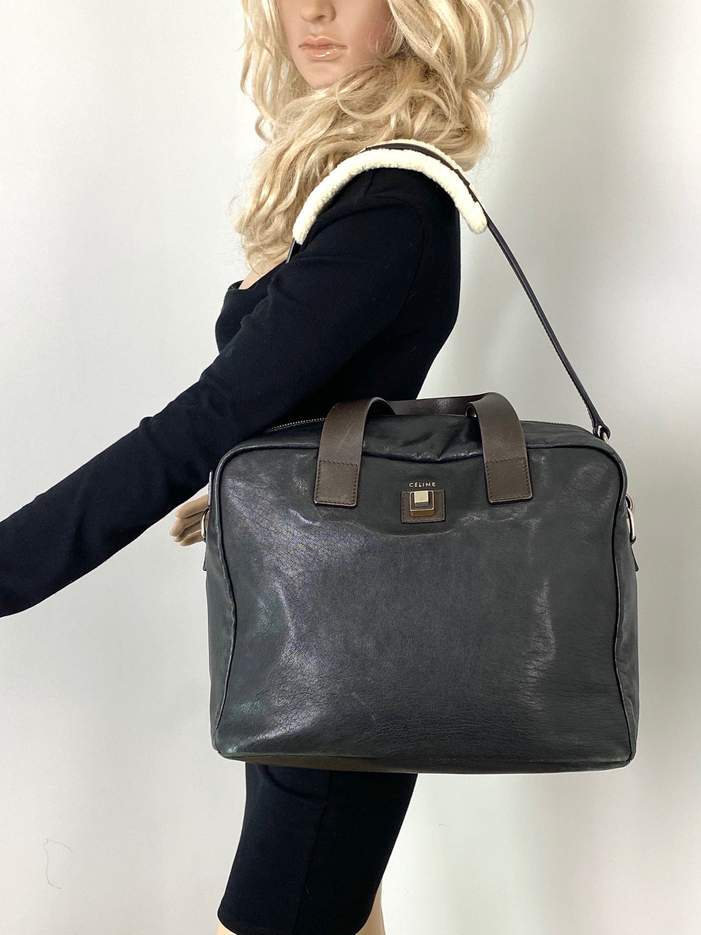 Celine Black Leather Handle Bag Vintage Briefcase messenger Bag