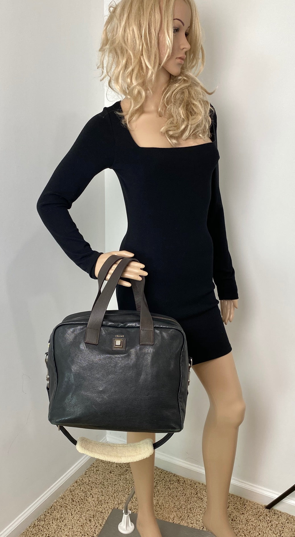 Celine Black Leather Handle Bag Vintage Briefcase messenger Bag