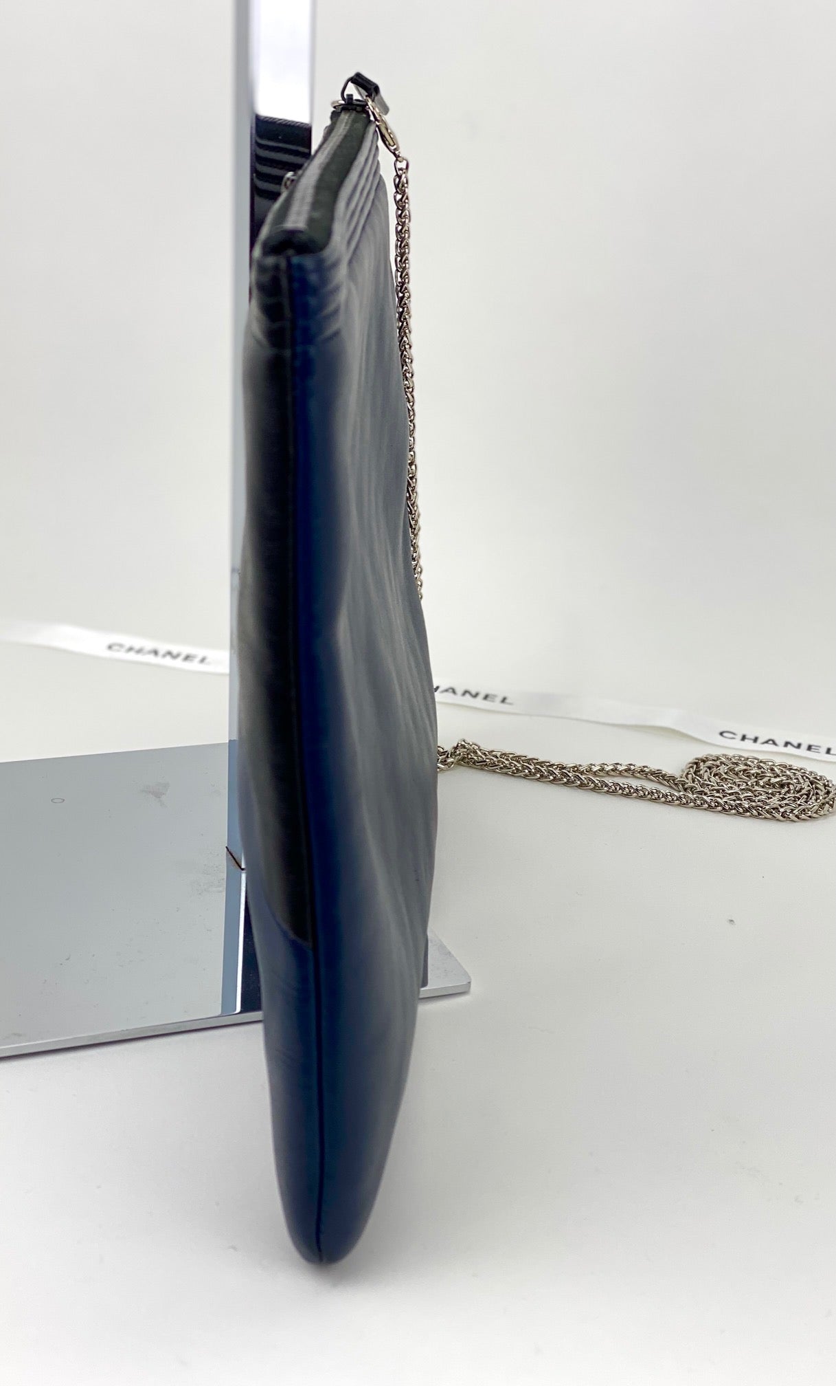 Chanel Quilted Lambskin Leather Black Blue Large Boy Zip Pouch Added Chain