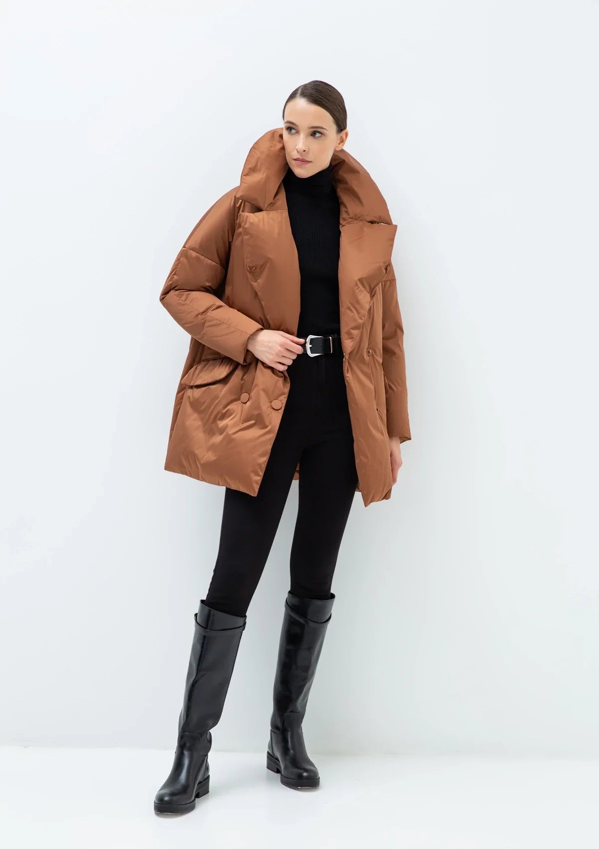 Aria Premium Down Fill Belted Jacket in Cinnamon