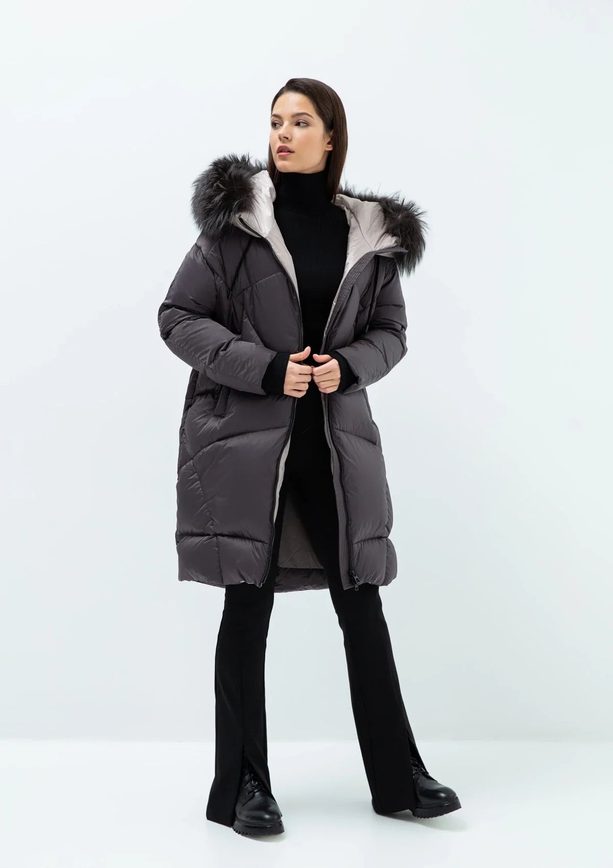 Manteau Gisèle Premium en duvet et fourrure de renard véritable 