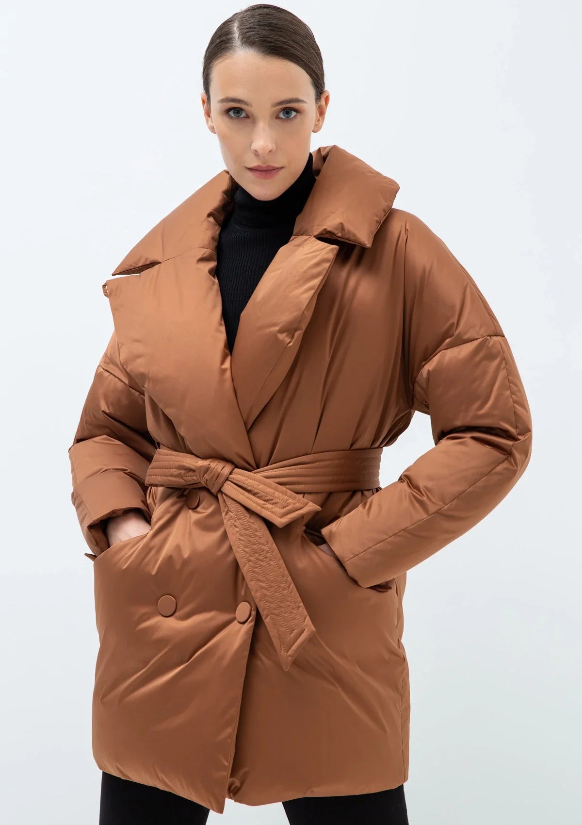 Aria Premium Down Fill Belted Jacket in Cinnamon