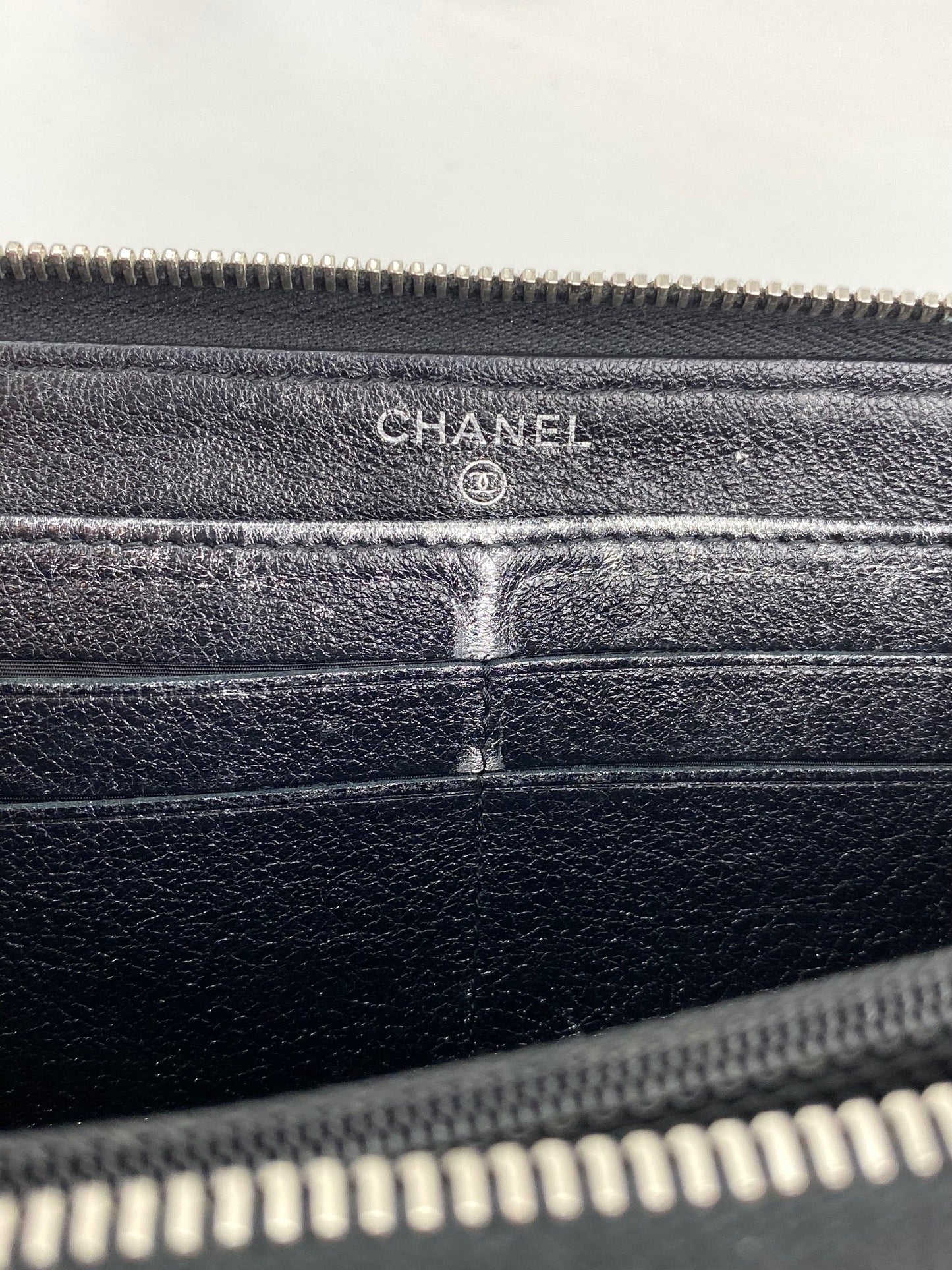 Chanel Perforated Silver Metallic Lambskin Quilted Zip Around Wallet Clutch