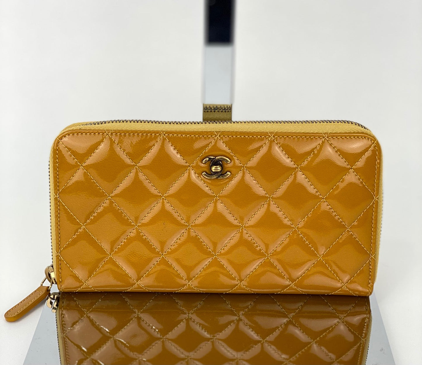 Chanel Quilted Yellow Patent Leather Brilliant Zip Around Wallet Clutch