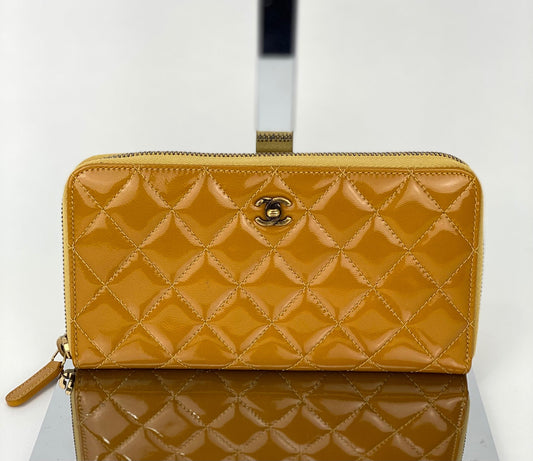 Chanel Quilted Yellow Patent Leather Brilliant Zip Around Wallet Clutch