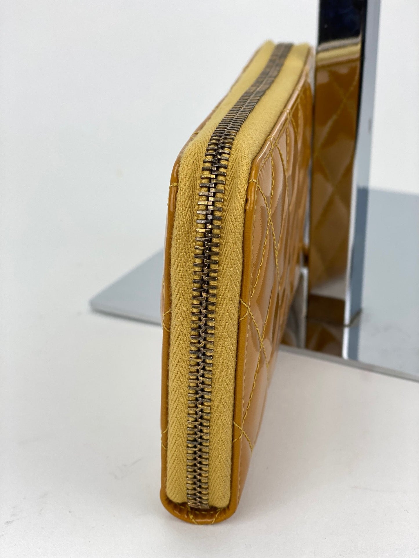 Chanel Quilted Yellow Patent Leather Brilliant Zip Around Wallet Clutch