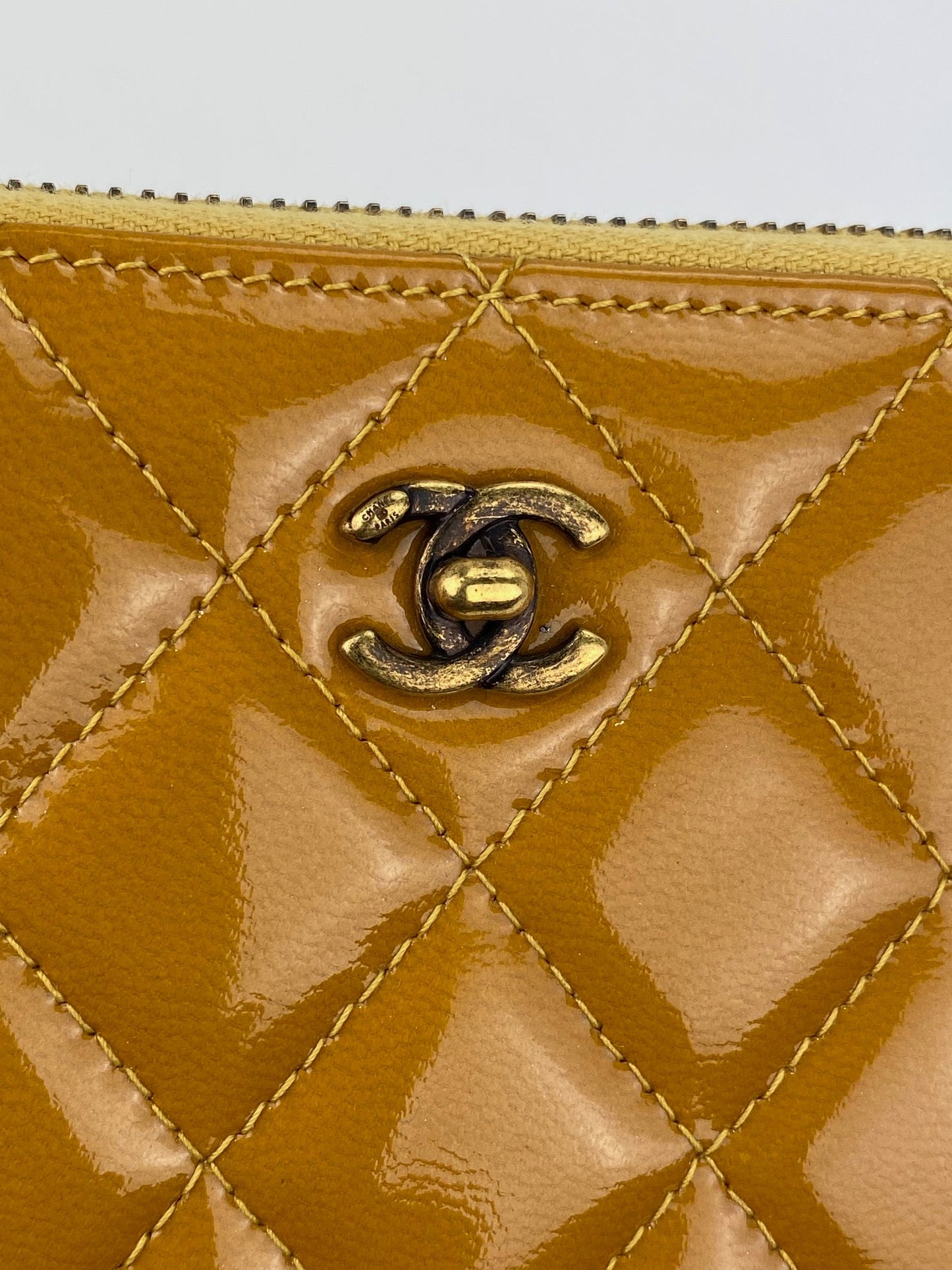 Chanel Quilted Yellow Patent Leather Brilliant Zip Around Wallet Clutch