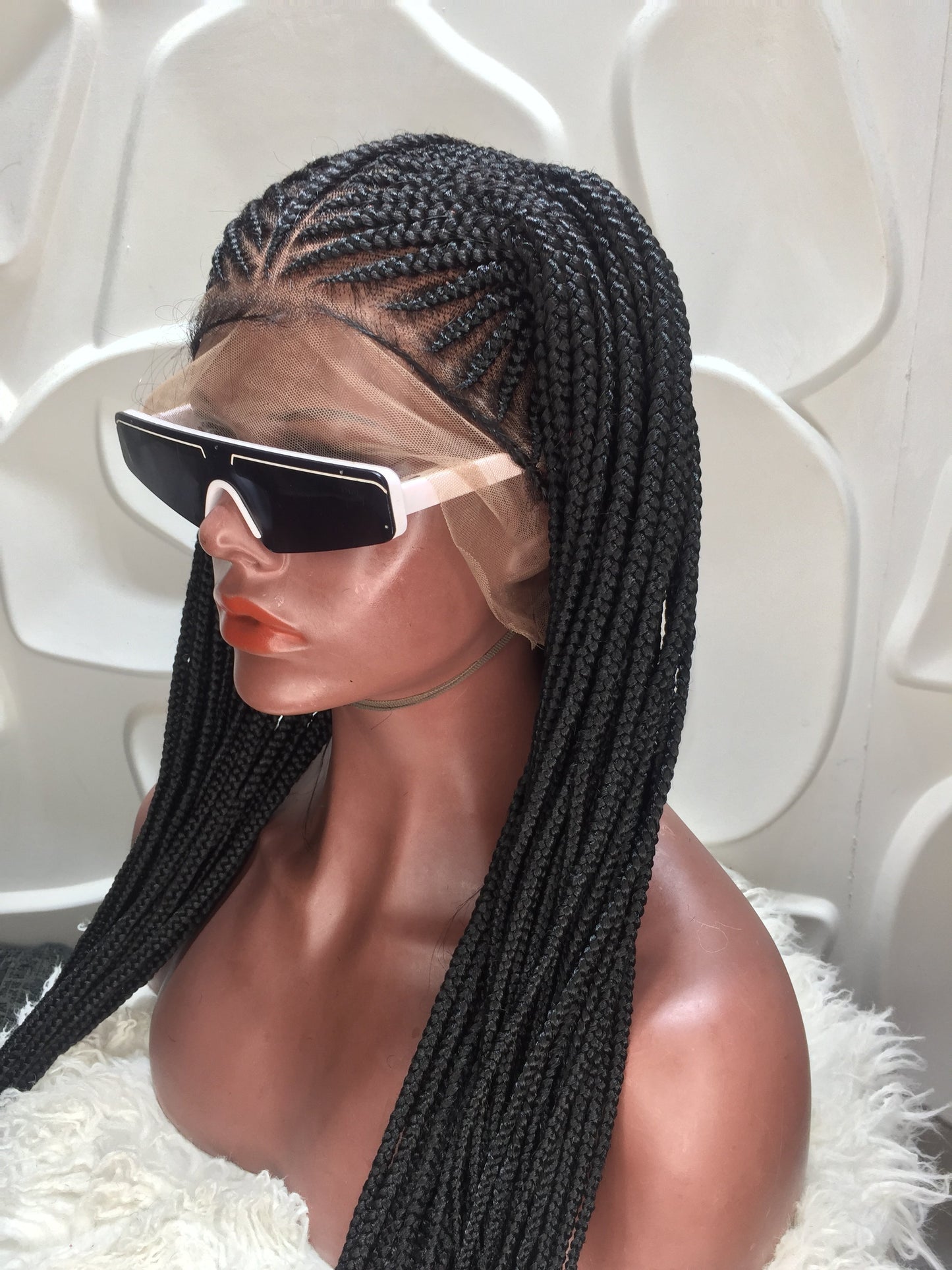 Cornrow Braded Wig, Black, Medium Brown Lace, Midback Length - Tope