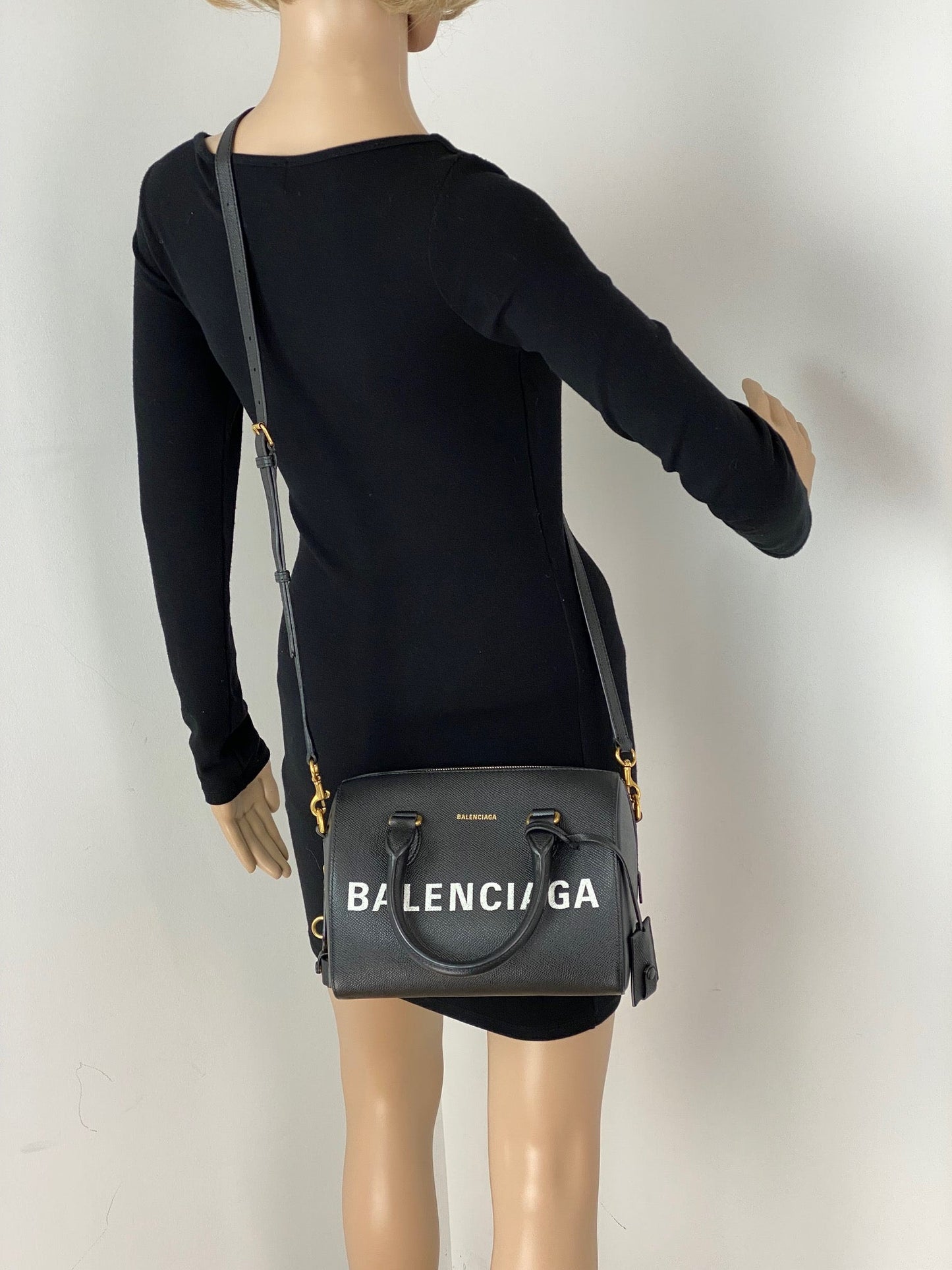 Balenciaga Ville Bowling Small Black Grained Leather Satchel Crossbody Bag