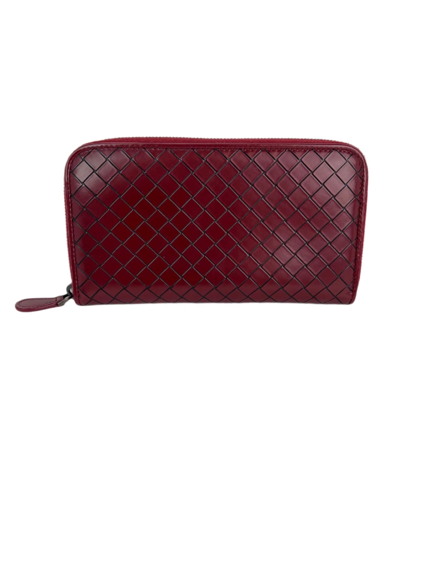 Pochette portefeuille zippée en cuir bordeaux Intrecciato de Bottega Veneta