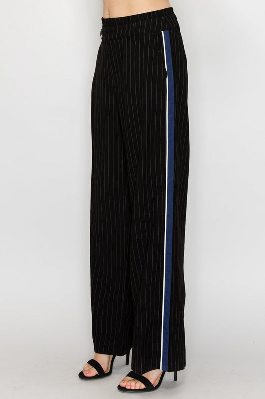 Luxurious Wide-Leg Striped Pants with Contrast Trim and Relaxed Double-Waistband Design