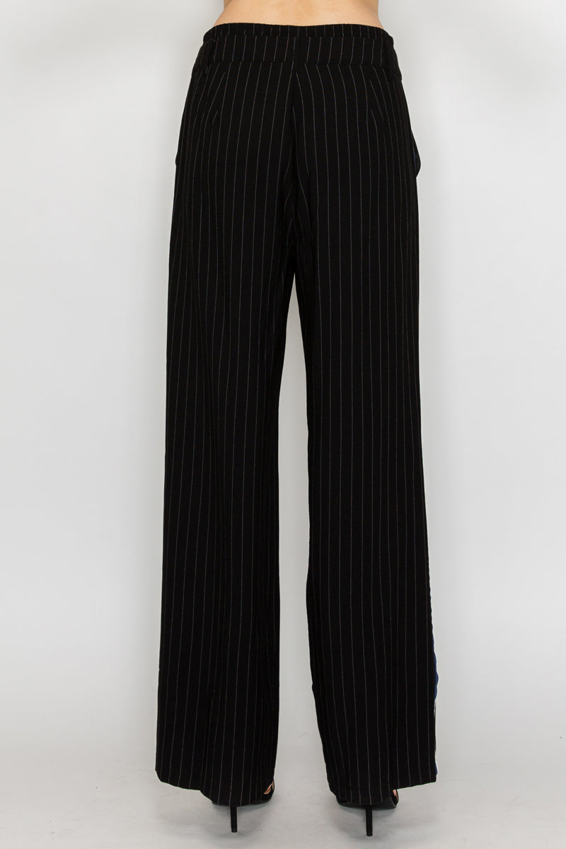 Luxurious Wide-Leg Striped Pants with Contrast Trim and Relaxed Double-Waistband Design