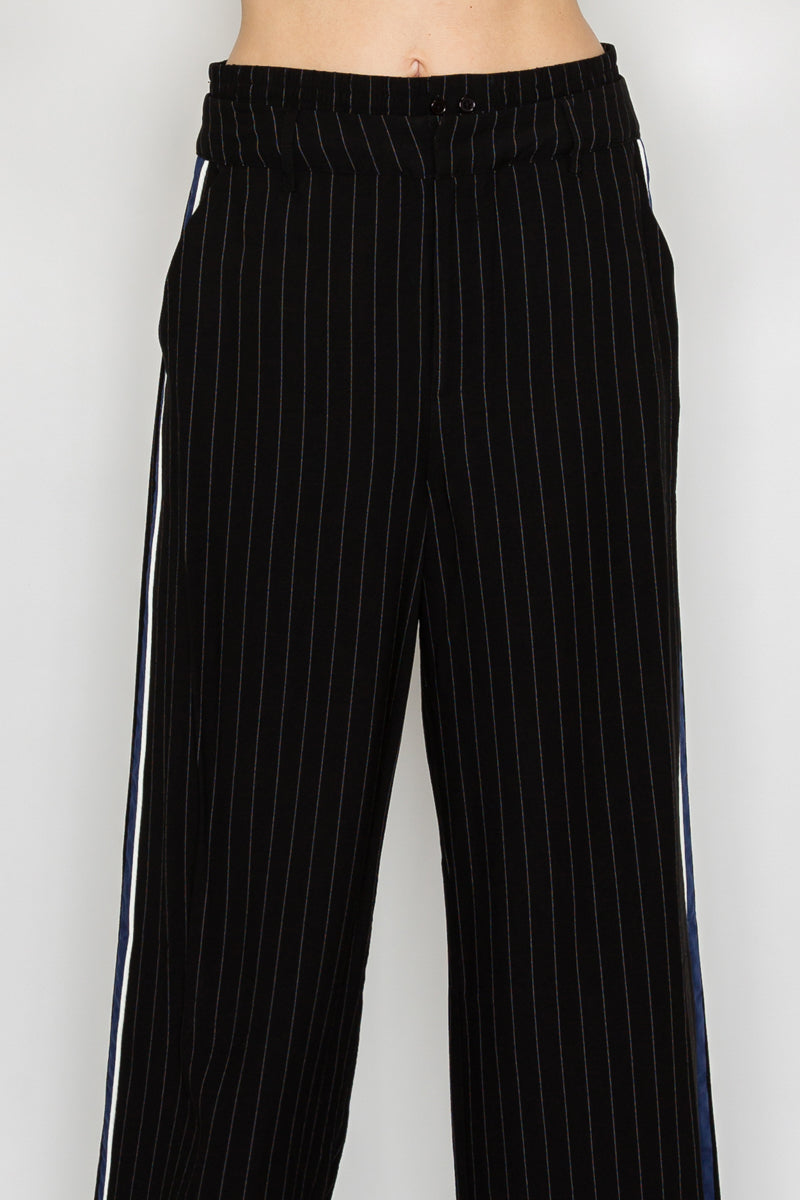 Luxurious Wide-Leg Striped Pants with Contrast Trim and Relaxed Double-Waistband Design