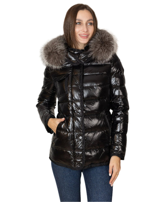 Manteau léger en duvet et fourrure de renard argenté véritable