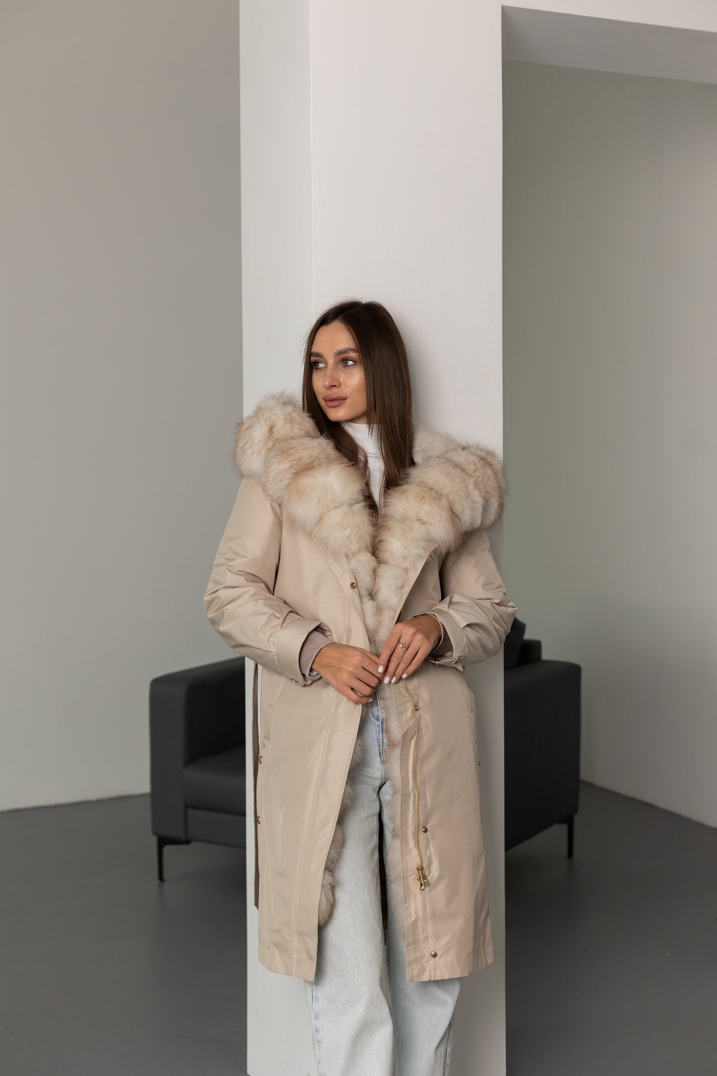 Genuine Polar Fox Fur Trim Rabbit Fur Insulated Parka