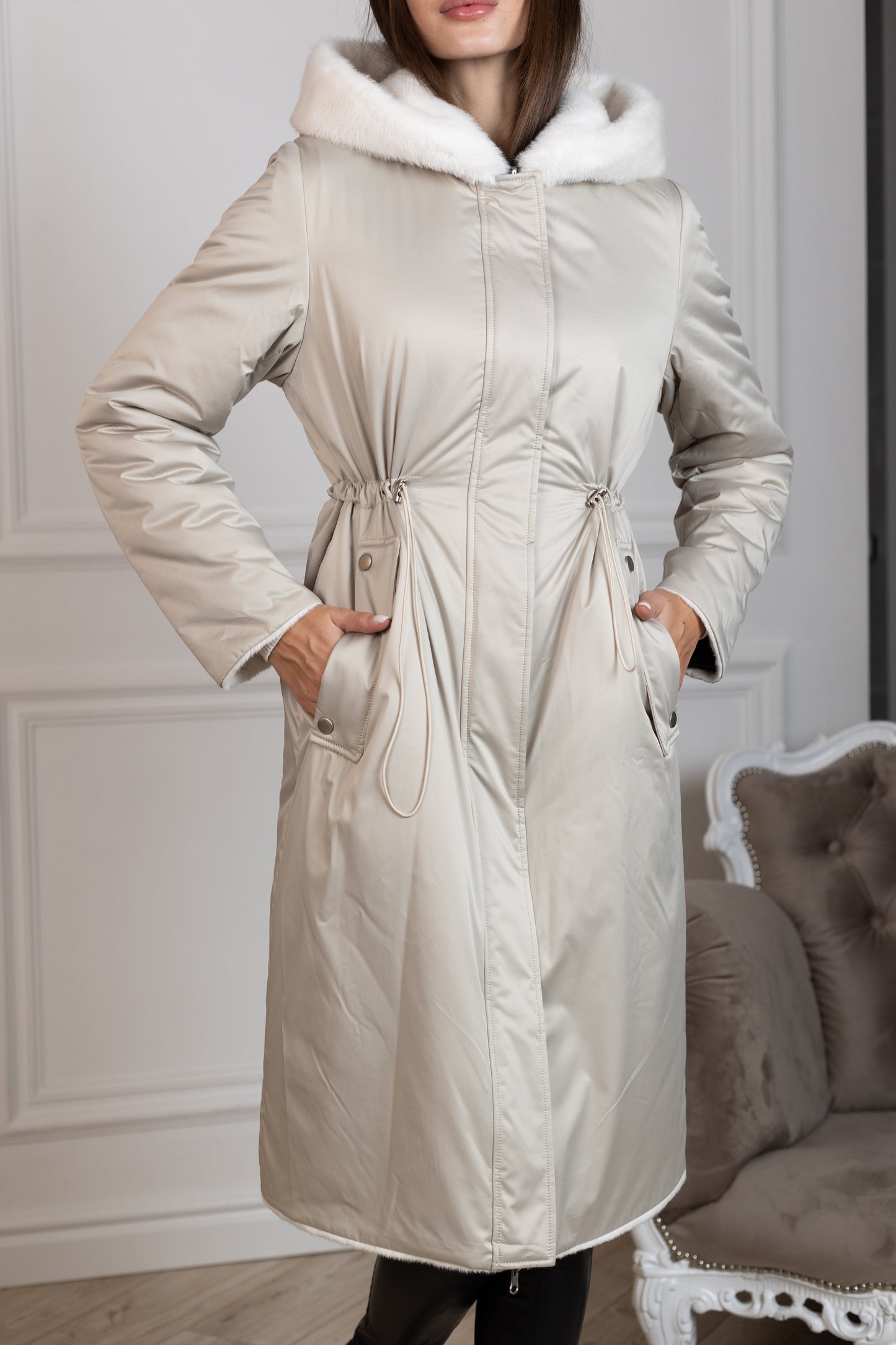 ⇆ Reversible Faux Alpaca Satin Hooded Coat