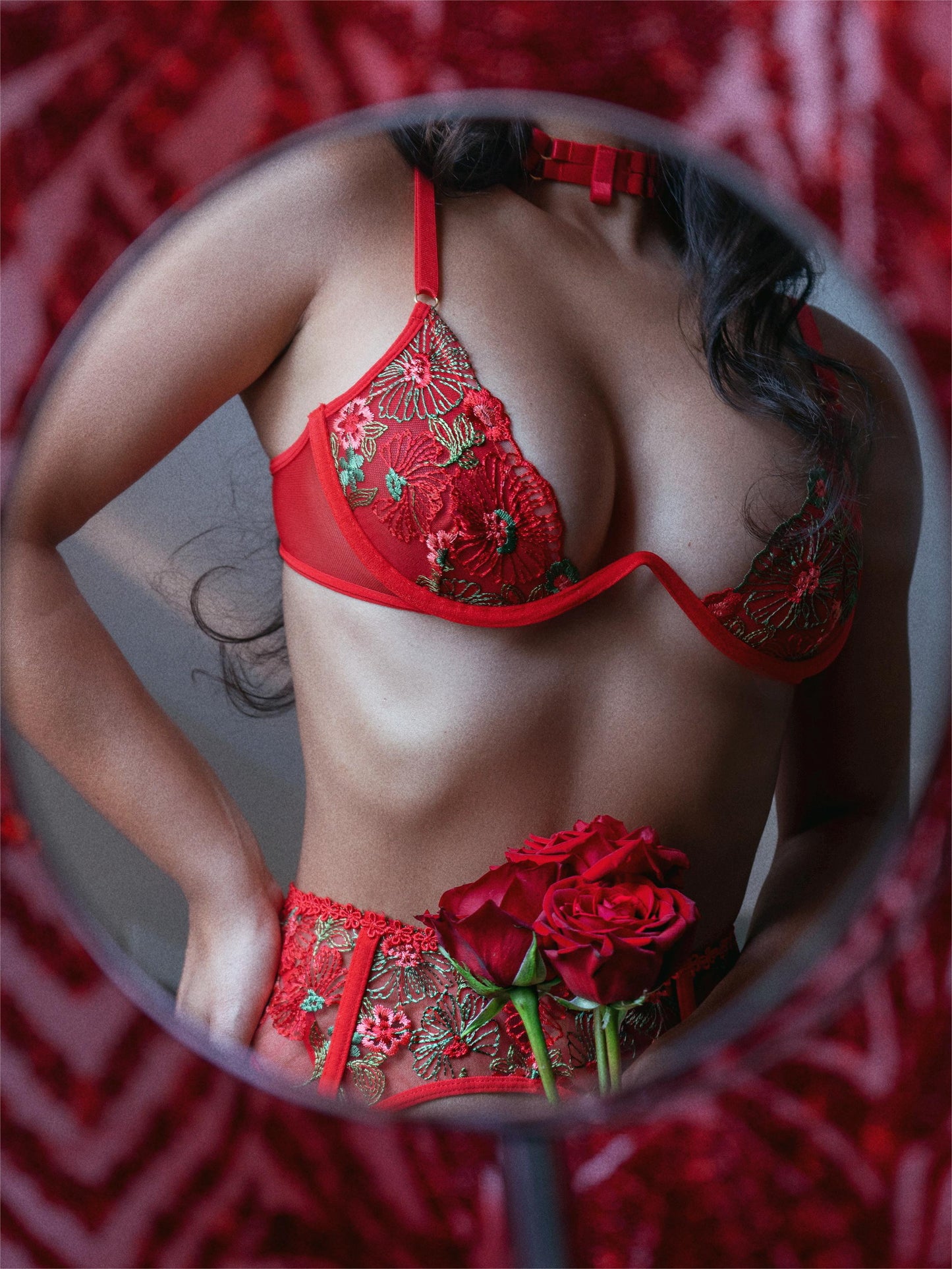 Red Flowers Mesh Sheer Lingerie Set