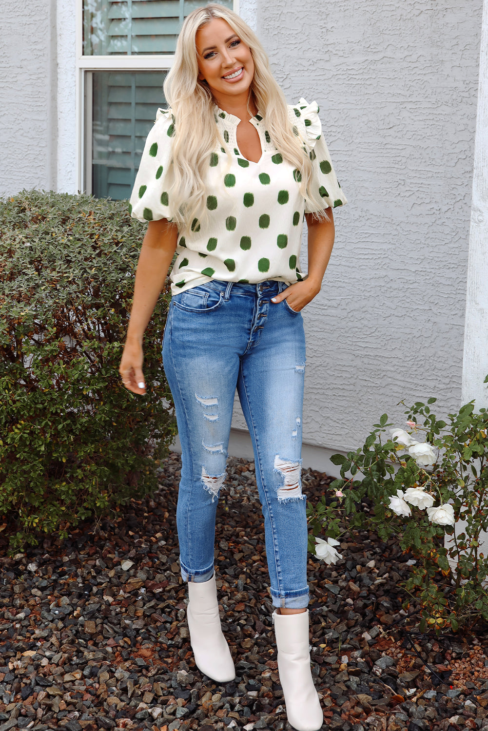 Nylah Polka Dot Shirred Yoke Blouse