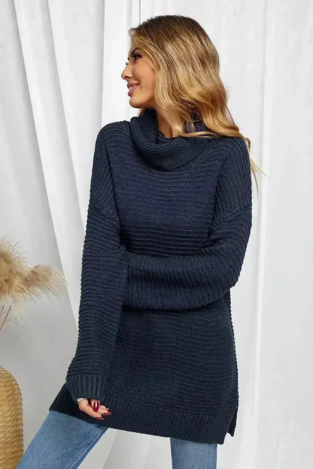 Navy Blue Turtleneck Sweater - Cozy Winter Knit with Long Sleeves | Femstylo