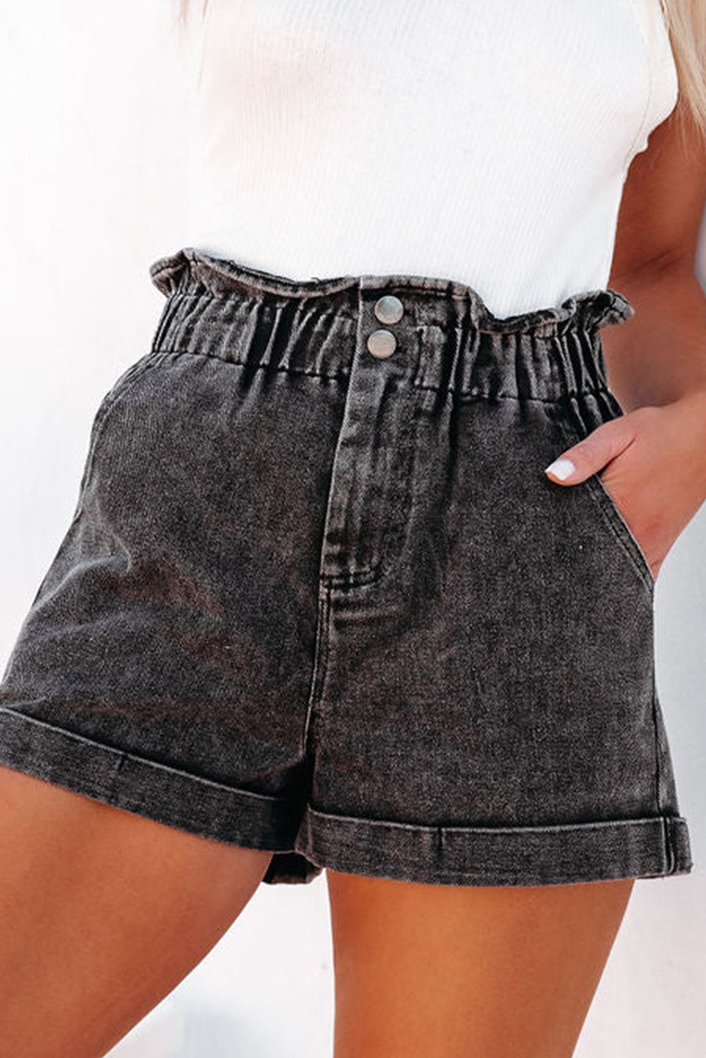 Melany Vintage Washed Frilled High Waist Denim Shorts