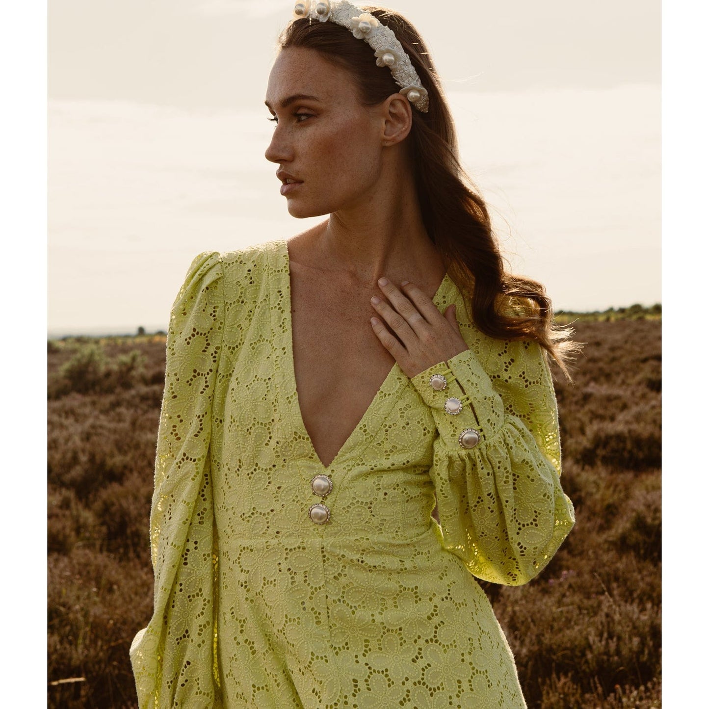 Verna Lime Green Eyelet Long Dress