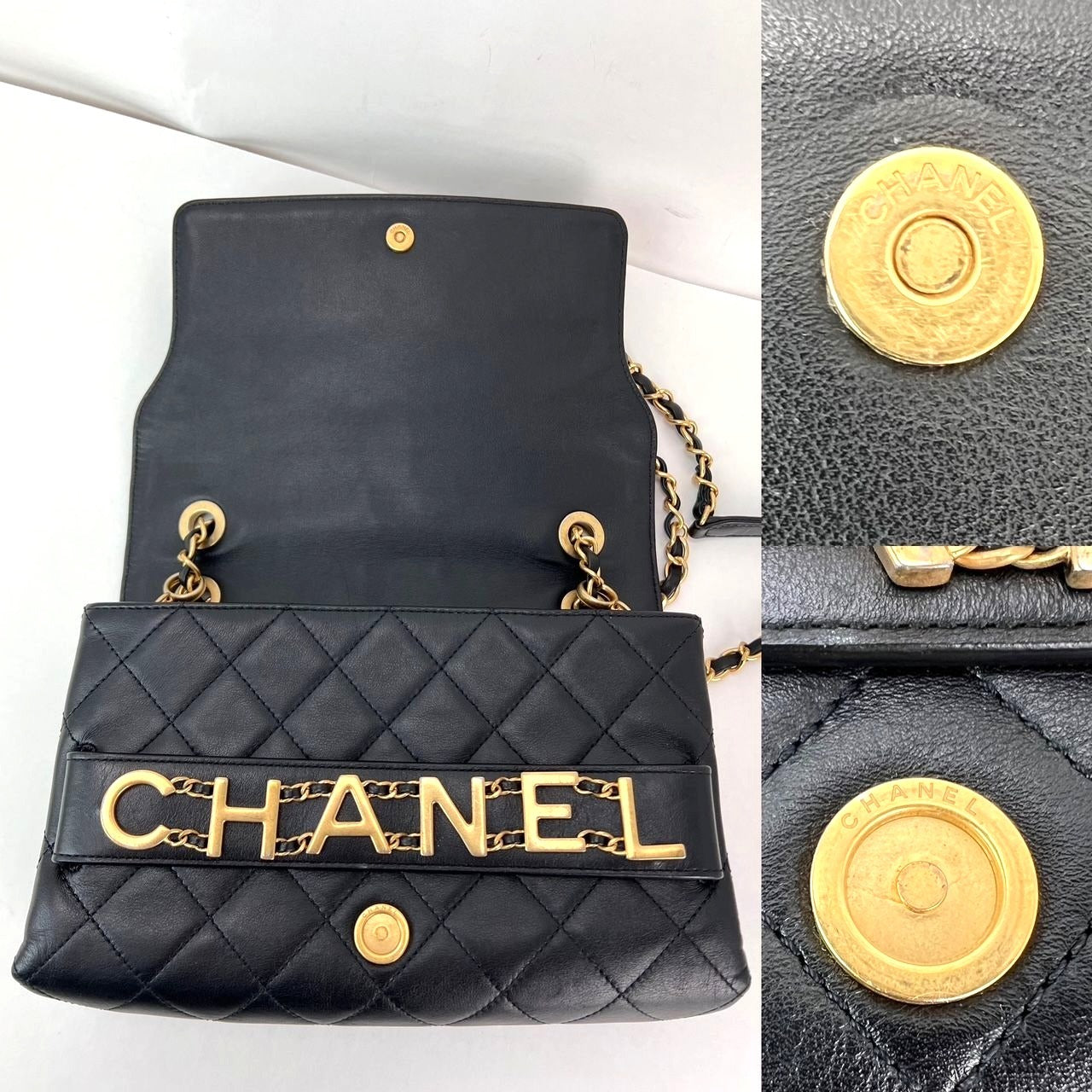 Sac à bandoulière à rabat noir matelassé en cuir de veau Chanel