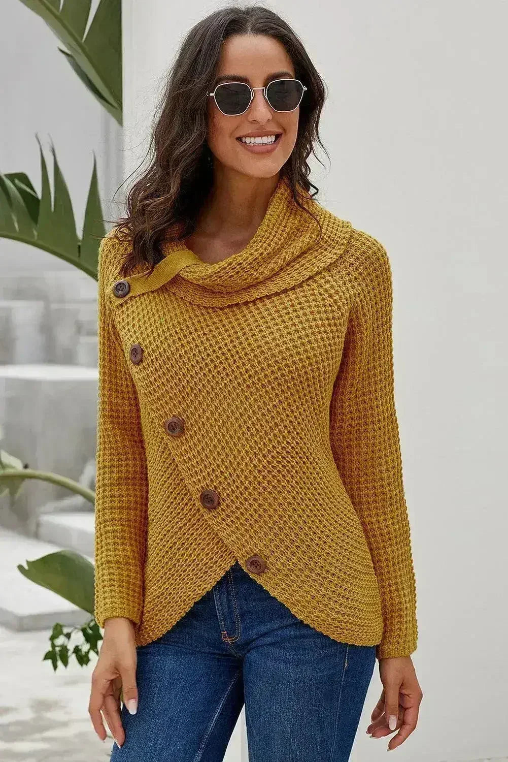 Mustard Buttoned Wrap Turtleneck Sweater