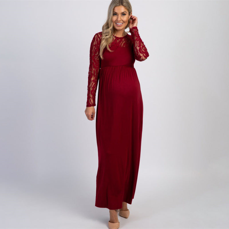 Maternity Lace Dress - Long Sleeve Round Neck Solid Color