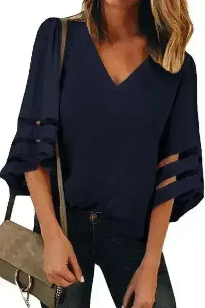 Navy Blue Flare Sleeve V Neck Loose Women's Chiffon Blouse