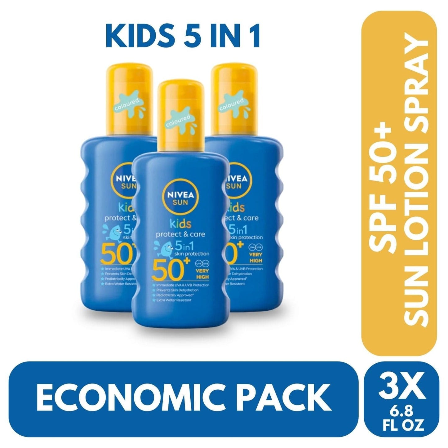 Spray solaire coloré Nivea Sun Kids Protect &amp; Care SPF 50+, 200 ml (lot de 3)