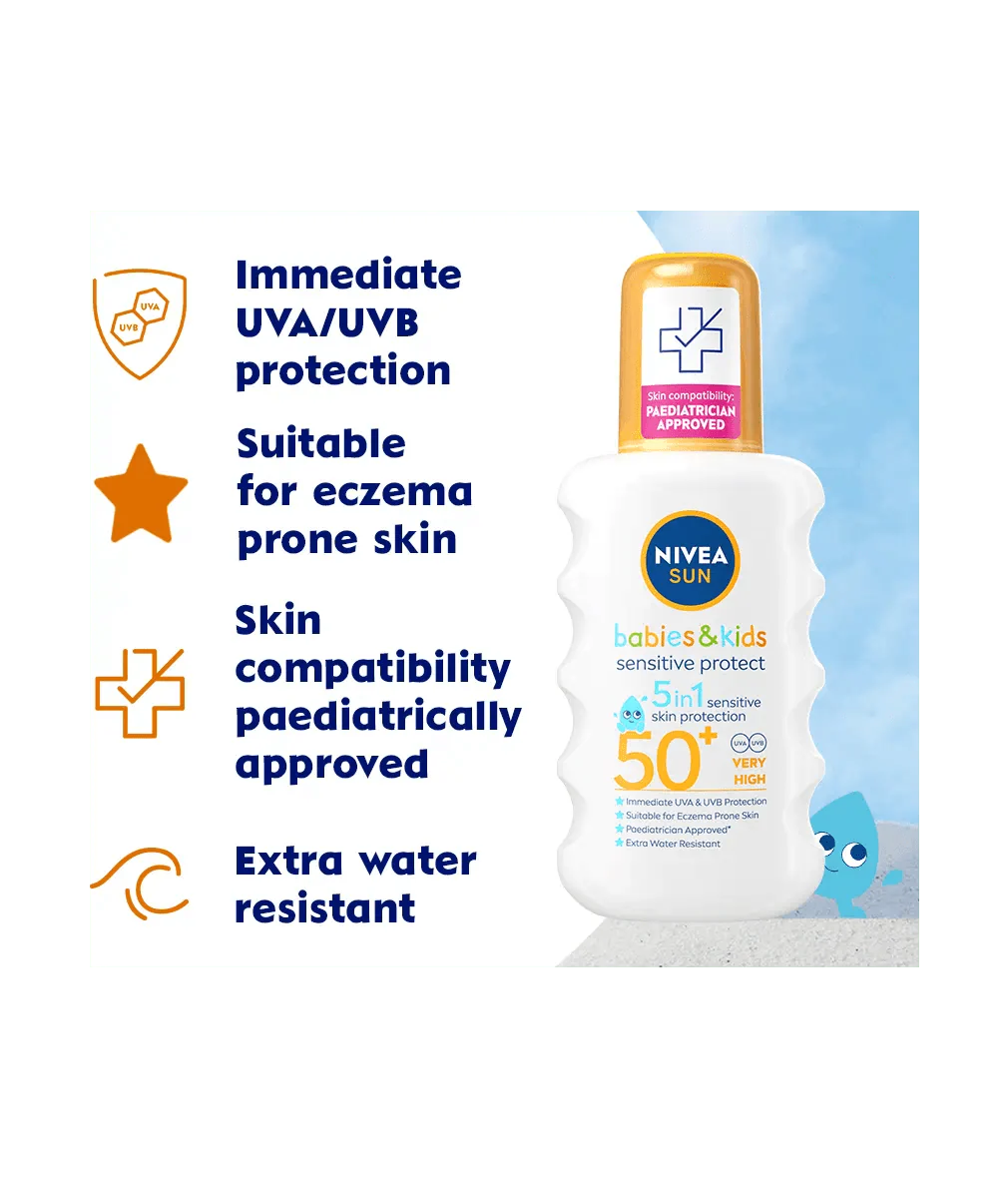 Nivea Sun Kids Sensitive Protect SPF 50+ Sun Lotion Spray 200ml / 6.8 fl.oz - 2 Pack