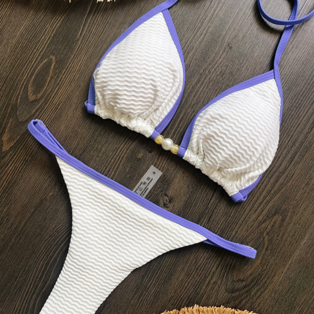 Special Fabric Pearl Accessories Solid Color Bikini Sexy Backless Split Swimsuit Bikini