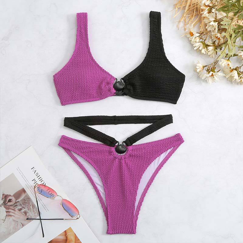 Contrast Color Bikini Swimsuit Women Wave Pattern Split Swimsuit