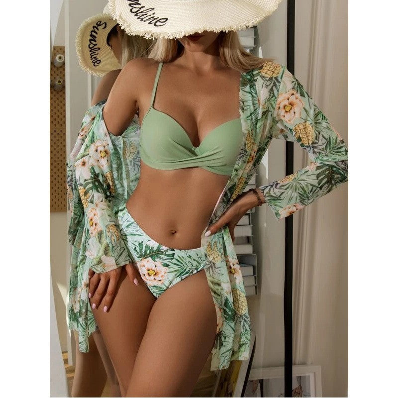 Three Piece Swimsuit Green Leaf Printed Bikini Hard Bag Bikini Manufacturer