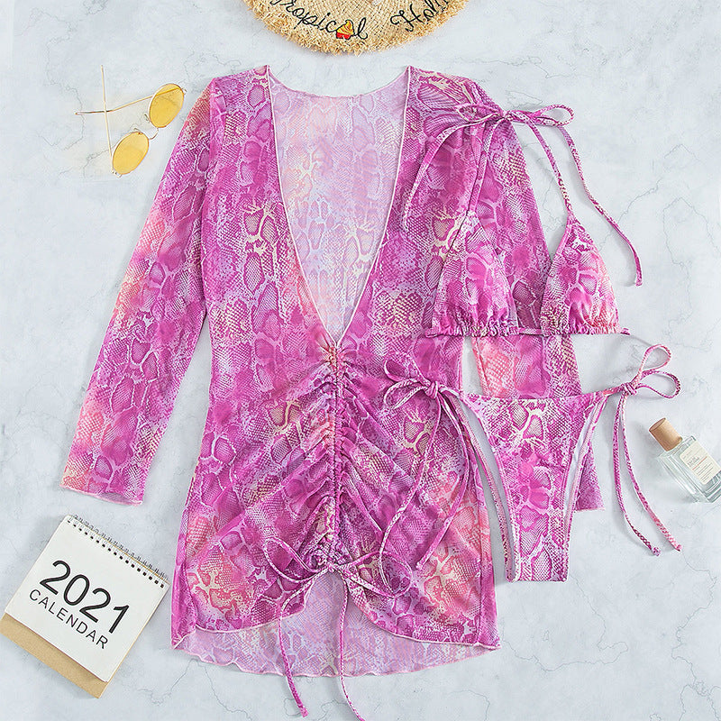 Halter Long Sleeve Two Piece Swimsuit Printed Sexy Three Piece Bikini Swimsuit