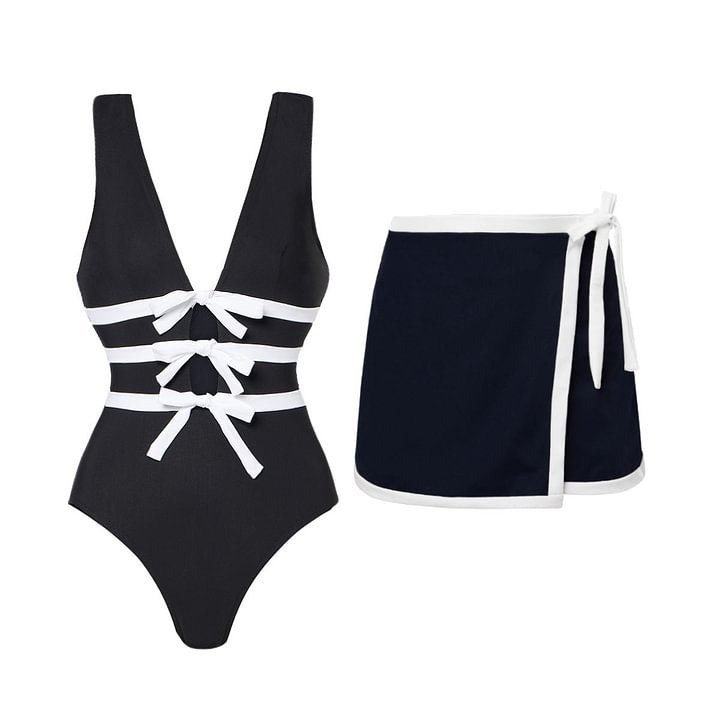 Black White V neck Bow Hollow Out Cutout out Swimsuit Women Slimming