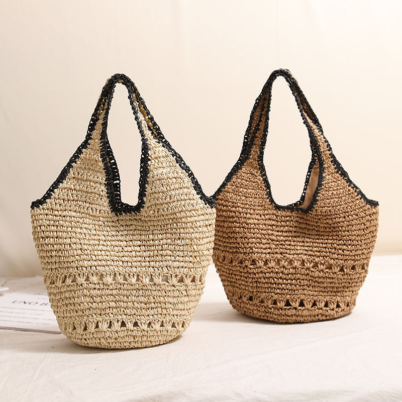 Large Capacity One Shoulder Straw Bag Casual Hollow Out Cutout Portable Straw Bag Woven Bag Women Seaside Vacation Beach Bag