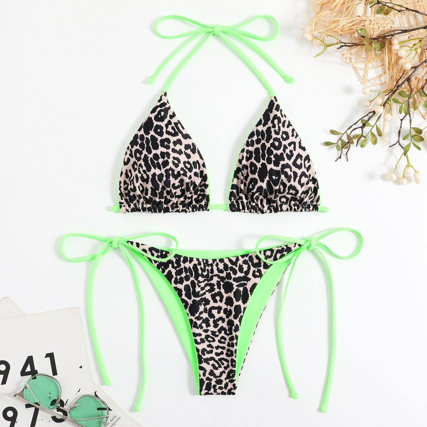 Printing Lady Sexy Lace Up Triangle Split Bikini Swimsuit