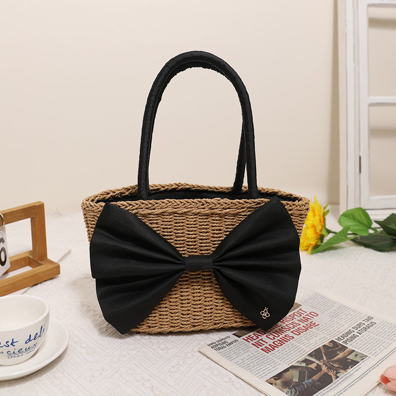 Mori Bow Straw Bag Portable Simplicity Hand Woven Bag Seaside Vacation Beach Bag Rattan Weave Bag
