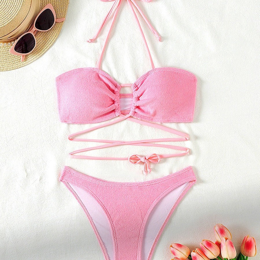 Split Swimsuit Women Hollow Out Cutout Sexy Bikini Triangle Two Piece Set Lace up Solid Color