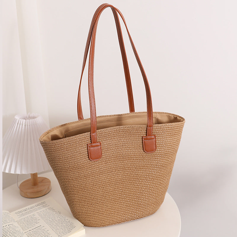 Striped Shoulder Straw Bag Woven Bag Summer Large Capacity Casual All Match Women Seaside Beach Rattan Woven Bag