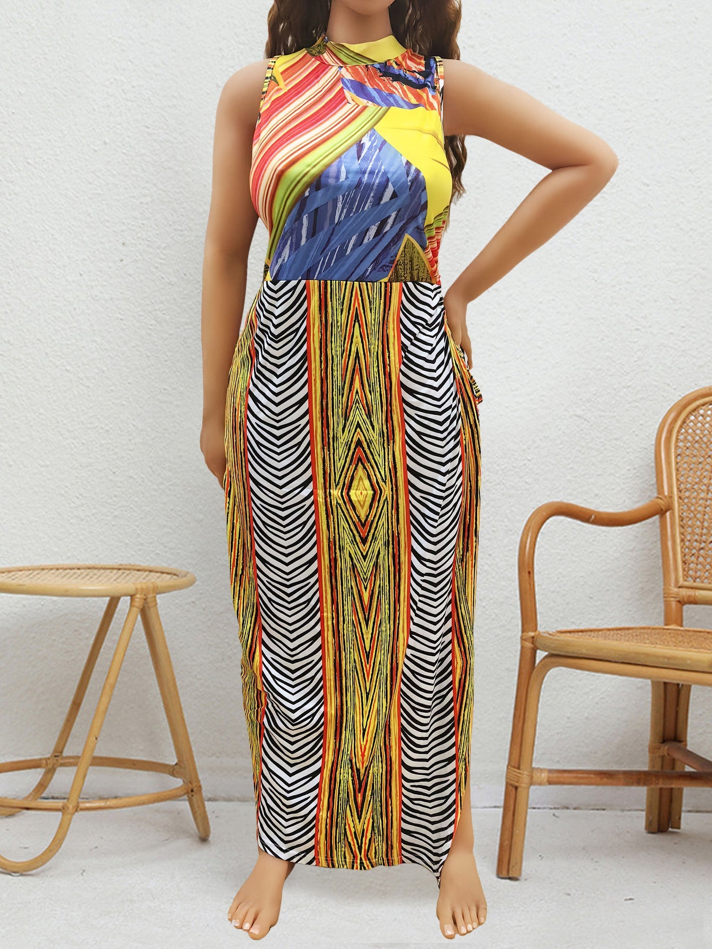 plus Size Women Women Clothing Summer Retro Mixed Color Printing Random Non Positioning Split Tied Dress