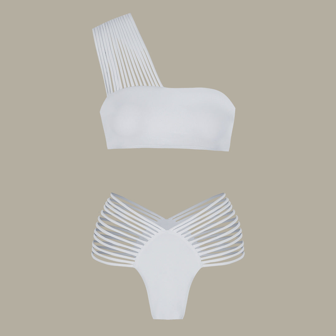 Women One Shoulder Tube Top Solid Color Split Swimsuit Sexy Bikini Bikini