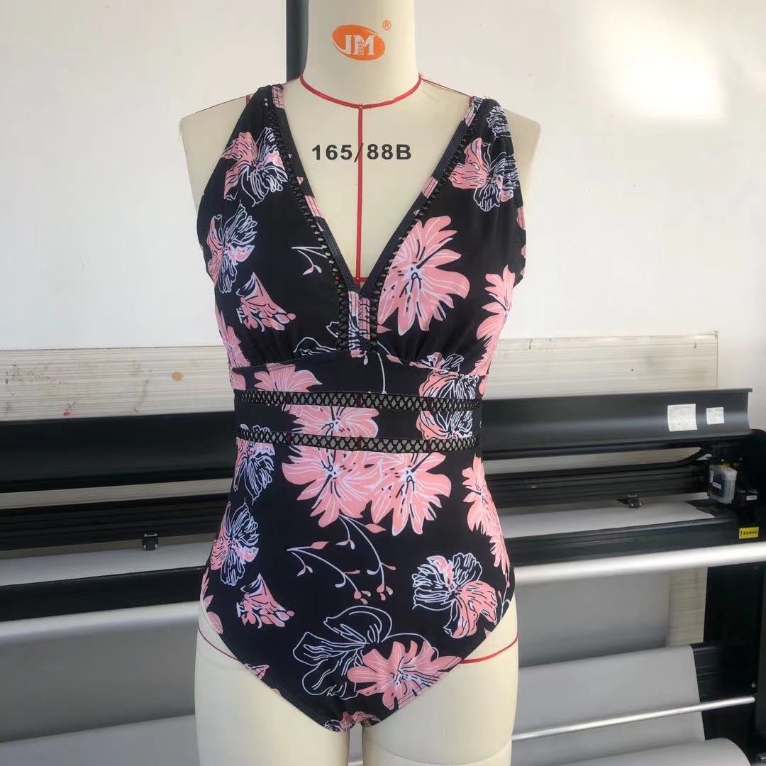 Ladies One Piece Swimsuit Mesh Fabric Stitching Printing Swimsuit Bikini