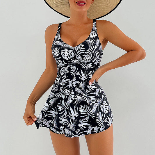 Lonkey Conservative Tankini Print Split Boxer High Waist Swimsuit Women Bikini
